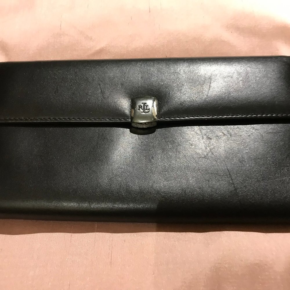 Ralph Lauren black leather purple lining wallet